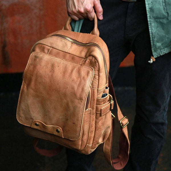 Leather Camel Mens Backpack Cool Travel Backpacks Laptop Backpack for men