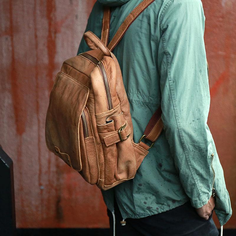Leather Camel Mens Backpack Cool Travel Backpacks Laptop Backpack for men