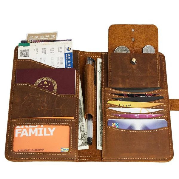 Leather Long Wallet for Men Vintage Bifold Wallet Passport Travel Wallet