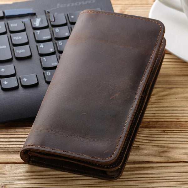 Cool Mens Coffee Leather Long Wallet Vintage Bifold Long Wallet for Men