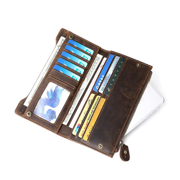 Leather Long wallet for Men Wallet Vintage Zipper Bifold Long Wallet for Men