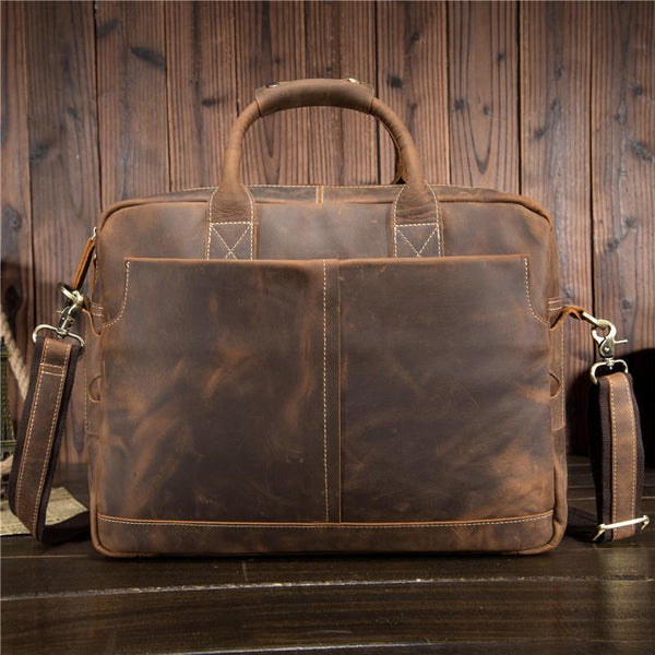 Leather Men Vintage 14'' Briefcase Handbag Professional Shoulder Bag Work Bag For Men
