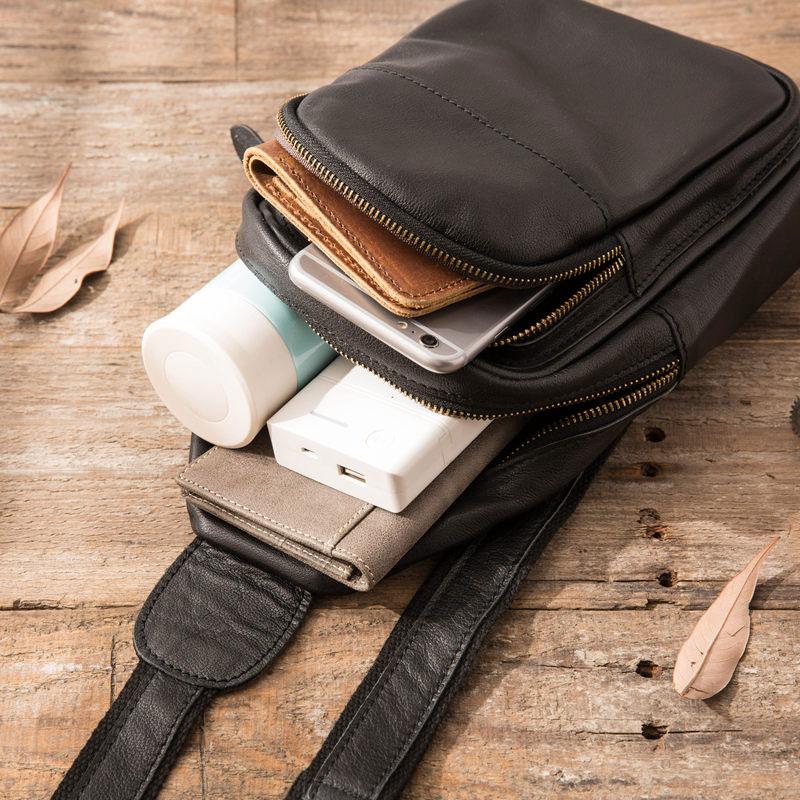 Leather Mens Black Sling Bag Sling Shoulder Bag Sling Backpack for men