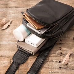 Leather Mens Black Sling Bag Sling Shoulder Bag Sling Backpack for men