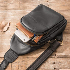Leather Mens Black Sling Bag Sling Shoulder Bag Sling Backpack for men