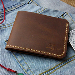 Leather Mens Slim Front Pocket Bifold Brown Small Wallets Card Wallet for Men