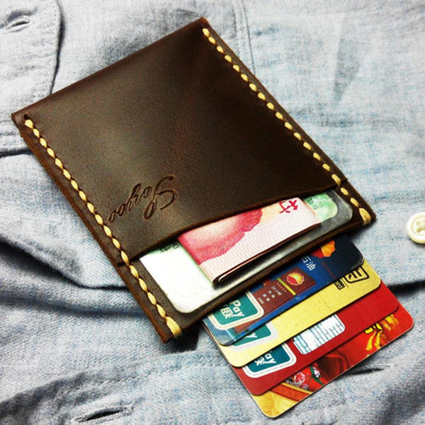 Leather Mens Slim Front Pocket Wallets Dark Brown Leather Cards Wallet for Men