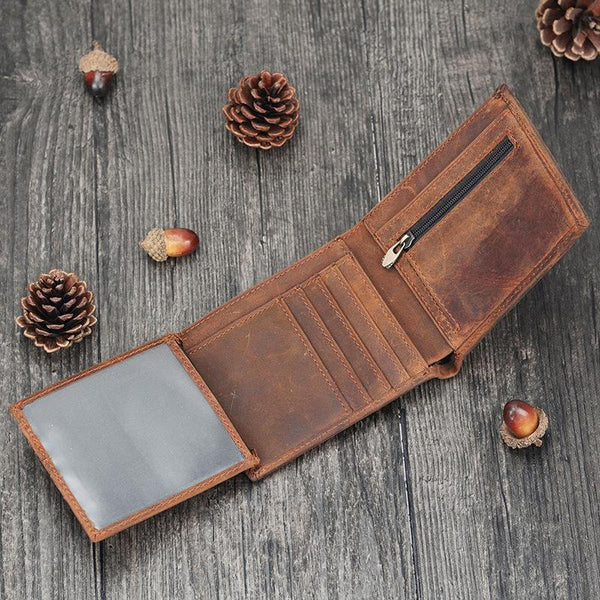 Vintage Brown Mens Leather Small Wallet Trifold billfold Wallet for Men