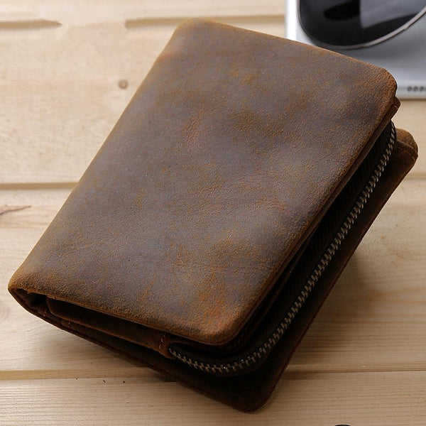 Vintage Brown Mens Leather Small Wallet billfold Bifold Wallet for Men
