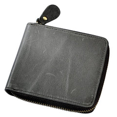 Cool Brown Leather Mens Bifold Small Wallet Zipper billfold Wallet for Men