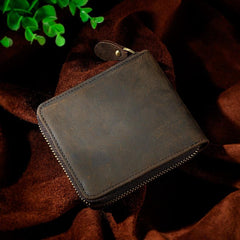 Cool Brown Leather Mens Bifold Small Wallet Zipper billfold Wallet for Men