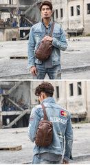 Handmade Brown Leather Mens Sling Bag Sling Pack Chest Bag Black One Shoulder Backpack for Men