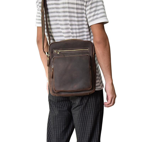 Men Leather Small Messenger Bag Cool Vintage Small Vertical Shoulder Bag for men