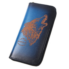 Around Zip Blue Leather Long Wallet Mens Wolf Zipper Clutch Wallet for Men