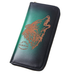 Around Zip Brown Leather Long Wallet Mens Wolf Zipper Clutch Wallet for Men