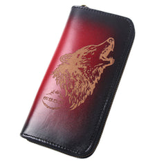 Around Zip Red Leather Long Wallet Mens Wolf Zipper Clutch Wallet for Men