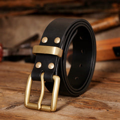 Mens Handmade Black Leather Belt Mens Brass Minimalist Leather Belts for Men