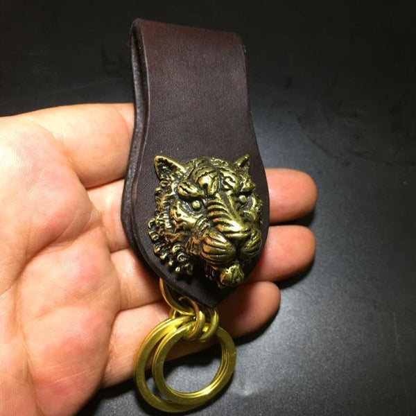 Moto Leather Brass Keyring Biker KeyChain Tiger Leather Keyring Moto Key Holders Key Chain Key Ring for Men