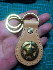 Moto Leather&Brass Keyrings Biker KeyChain Ganesha Leather Keyring Beige Moto Key Holders Key Chain Key Ring for Men