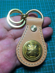 Moto Leather&Brass Keyrings Biker KeyChain Ganesha Leather Keyring Beige Moto Key Holders Key Chain Key Ring for Men