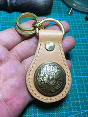 Moto Leather&Brass Keyrings Biker KeyChain Iron Cross Leather Keyring Beige Moto Key Holders Key Chain Key Ring for Men