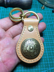 Moto Leather&Brass Keyrings Biker KeyChain Ganesha Leather Keyring Beige Moto Key Holders Key Chain Key Ring for Men