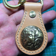 Moto Leather&Brass Keyrings Biker KeyChain Wolf Leather Keyring Beige Moto Key Holders Key Chain Key Ring for Men
