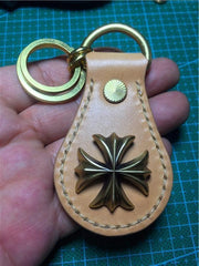 Moto Leather&Brass Keyrings Biker KeyChain Flower Leather Keyring Beige Moto Key Holders Key Chain Key Ring for Men