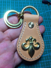 Moto Leather&Brass Keyrings Biker KeyChain Flower Leather Keyring Beige Moto Key Holders Key Chain Key Ring for Men