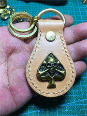 Moto Leather&Brass Keyrings Biker KeyChain Flower Leather Keyring Beige Moto Key Holders Key Chain Key Ring for Men