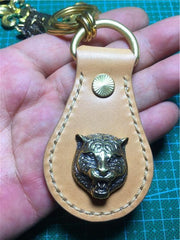 Moto Leather&Brass Keyrings Biker KeyChain Wolf Leather Keyring Beige Moto Key Holders Key Chain Key Ring for Men