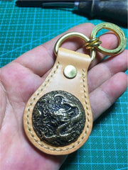 Moto Leather&Brass Keyrings Biker KeyChain Flower Leather Keyring Beige Moto Key Holders Key Chain Key Ring for Men