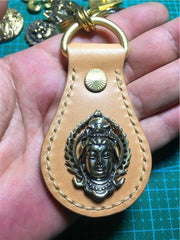 Moto Leather&Brass Keyrings Biker KeyChain Flower Leather Keyring Beige Moto Key Holders Key Chain Key Ring for Men