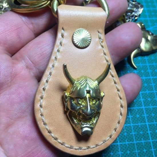 Moto Leather&Brass Keyrings Biker KeyChain Prajnā Leather Keyring Beige Moto Key Holders Key Chain Key Ring for Men