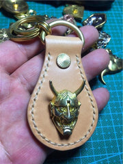 Moto Leather&Brass Keyrings Biker KeyChain Flower Leather Keyring Beige Moto Key Holders Key Chain Key Ring for Men