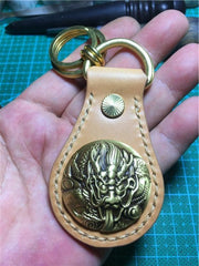 Moto Leather&Brass Keyrings Biker KeyChain Flower Leather Keyring Beige Moto Key Holders Key Chain Key Ring for Men