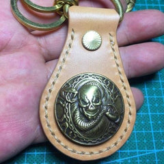 Moto Leather&Brass Keyrings Biker KeyChain Flower Leather Keyring Beige Moto Key Holders Key Chain Key Ring for Men