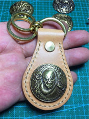 Moto Leather&Brass Keyrings Biker KeyChain Ganesha Leather Keyring Beige Moto Key Holders Key Chain Key Ring for Men
