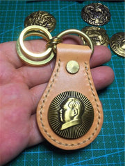 Moto Leather&Brass Keyrings Biker KeyChain Ganesha Leather Keyring Beige Moto Key Holders Key Chain Key Ring for Men