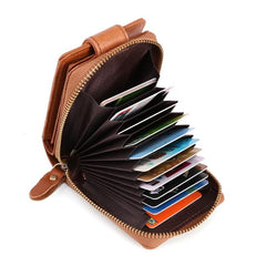 RFID Brown Leather Men's Zipper Small Card Wallet Small Card Holder For Men