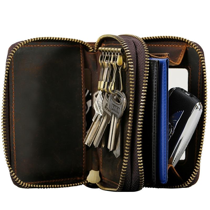 Genuine Leather Men's Key Holder Double Zip Around 6 Key Chain Wallet Case Brown