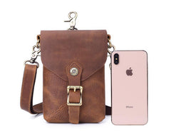 Vintage Brown Leather Men's Belt Pouch Cell Phone Holster Belt Bag Mini Side Bag For Men
