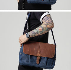 Navy Blue Leather Waxed Canvas Mens Side Bag Messenger Bags Gray Casual Courier Bags for Men