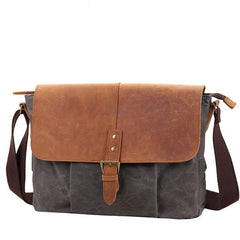 Navy Blue Leather Waxed Canvas Mens Side Bag Messenger Bags Gray Casual Courier Bags for Men