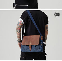 Navy Blue Leather Waxed Canvas Mens Side Bag Messenger Bags Gray Casual Courier Bags for Men