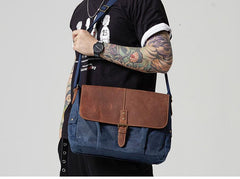 Navy Blue Leather Waxed Canvas Mens Side Bag Messenger Bags Gray Casual Courier Bags for Men