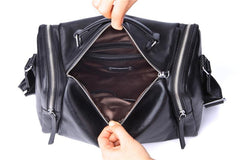 Fashion Black Leather Men's Small Barrel Side Bag Travel Bag Small Black Overnight Bag For Men
