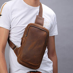 Vintage Brown Leather Men's Sling Bags Chest Bag One Shoulder Backpack For Men