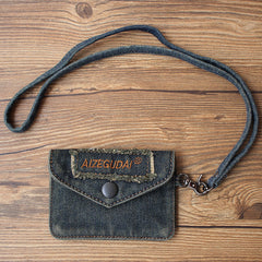 Vintage Womens Denim Mini Card Holder with Lanyard Denim Small Card Coin Purse for Women