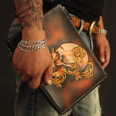 Cool Handmade Tooled Leather Tan Floral Clutch Wallet Wristlet Bag Clutch Purse For Men